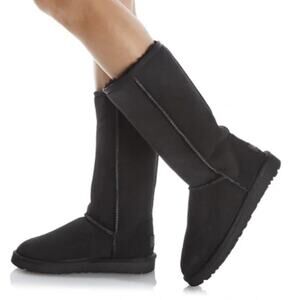 UGG Classic Tall Shearling Black Leather Sheepskin Winter Boots Women's 8